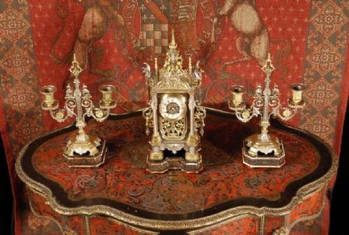 fig 3. ***** SOLD ***** Antique Silvered Brass Gothic Table Clock Set
